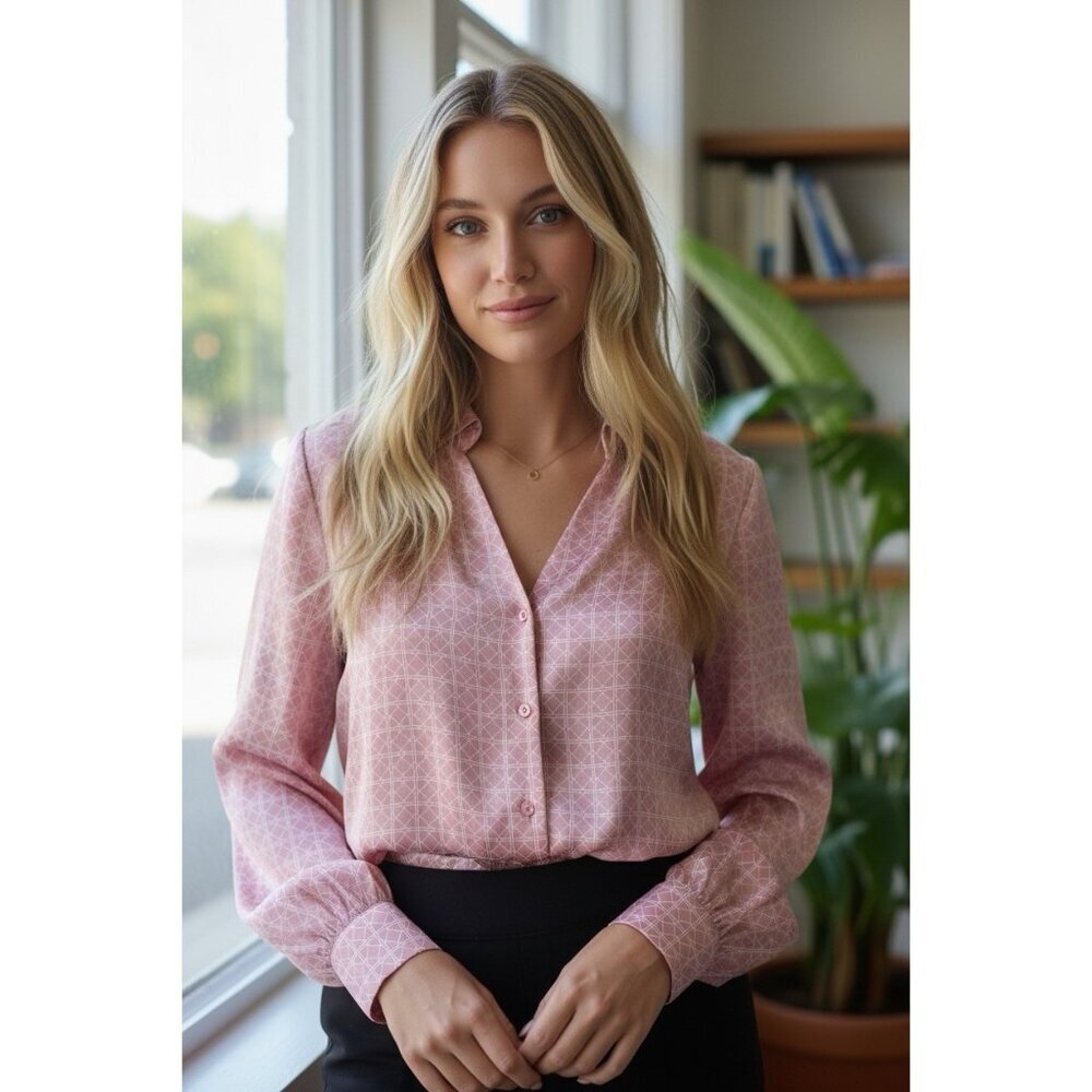 Halogen Pink Geometric Blouse 2X Long Sleeve Button Front Nordstrom Work